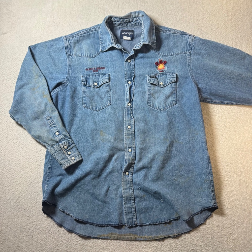 Wrangler Denim Western Shirt Safety Award 2004 Flame Patch Workwear‎ L Vintage